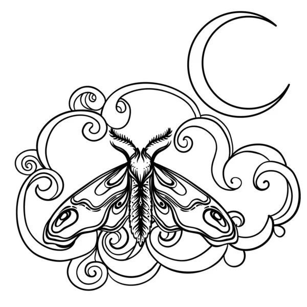 Lună semilună şi molie deasupra norului ornamentat. Stilul tatuajului. Ilustrație vectorială izolată pe alb . — Vector de stoc