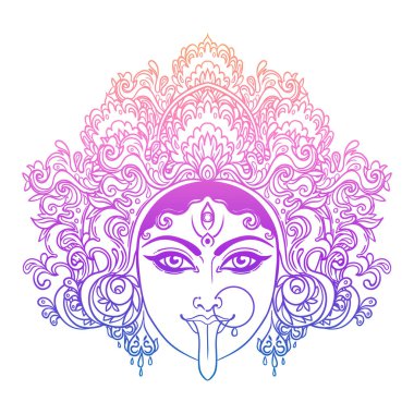 Portrait of Indian Hindi goddess Kali. Female blue head with open moth and out stuck tongue. Destroyer of evil forces. Diety, spiritual art. Vector isolated illustration. clipart