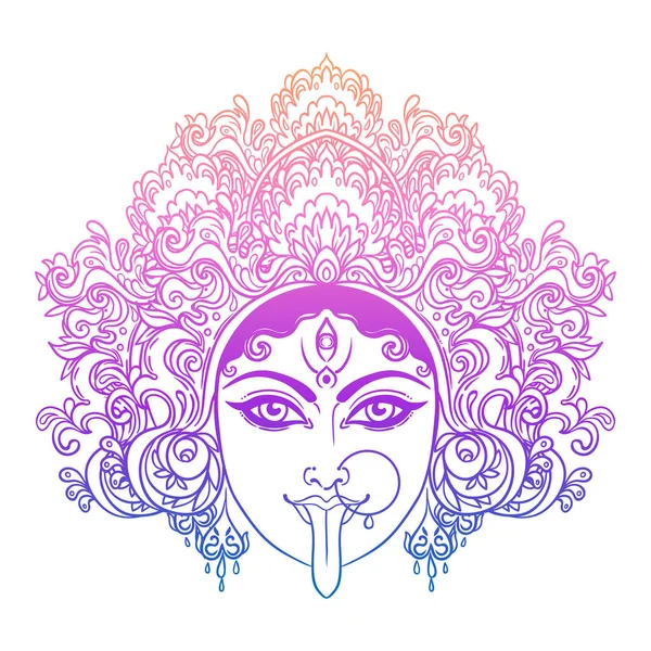 Ritratto della dea indiana hindi Kali. Femmina testa blu con falena aperta e fuori lingua bloccata. Distruttore delle forze del male. Dieta ', arte spirituale. Illustrazione isolata vettoriale. — Vettoriale Stock