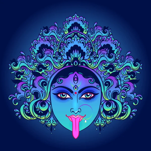 Portrait of Indian Hindi goddess Kali. Female blue head with open moth and out stuck tongue. Destroyer of evil forces. Diety, spiritual art. Vector isolated illustration. — Stock Vector