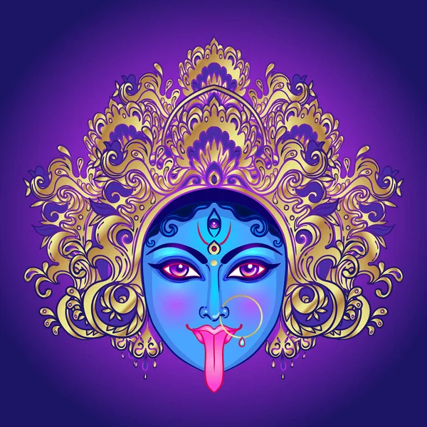 Portrait of Indian Hindi goddess Kali. Female blue head with open moth and out stuck tongue. Destroyer of evil forces. Diety, spiritual art. Vector isolated illustration. — Stock Vector