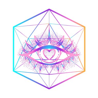 Gökkuşağı gradyan dövme flaşı. Tanrı 'nın Gözü. Mason sembolü. Hepsi içinde kalple gören gözler. Kutsal geometri, din. İzole vektör illüstrasyonu.