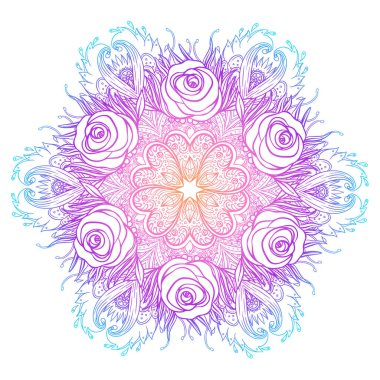 Vektör süslemeli nilüfer çiçeği, etnik sanat, siyah beyaz desenli Hint desenli şal desenli. El çizimi çizimi. Davetiye elemanı. Dövme, astroloji, simya.