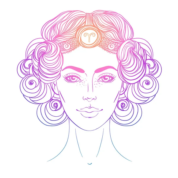 Illustratie van Ram astrologisch teken als een mooi meisje. Dierenriem vector gradiënt tekening geïsoleerd over wit. Toekomstvoorspellingen, horoscoop, alchemie, spiritualiteit. — Stockvector