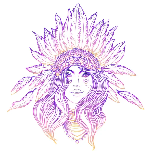 Tribal Fusion Boho Diva. Svart och vit illustration av indianflicka i traditionell fjäder huvudbonad. Vuxen anti-stress målarbok sida. — Stock vektor