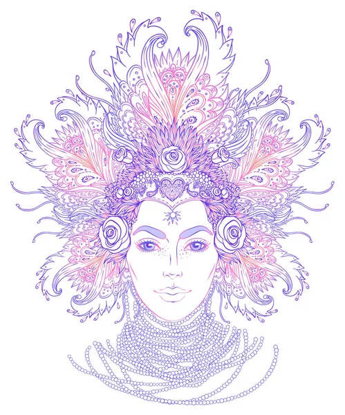 Tribal Fusion Boho Goddess. Beautiful divine diva girl with ornate crown, kokoshnik inspired. Bohemian goddess. Hand drawn elegant illustration. Lotus flower, ethnic art. — Stock Vector