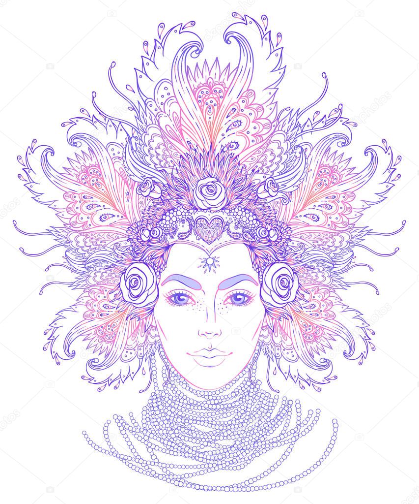 Tribal Fusion Boho Goddess. Beautiful divine diva girl with ornate crown, kokoshnik inspired. Bohemian goddess. Hand drawn elegant illustration. Lotus flower, ethnic art.