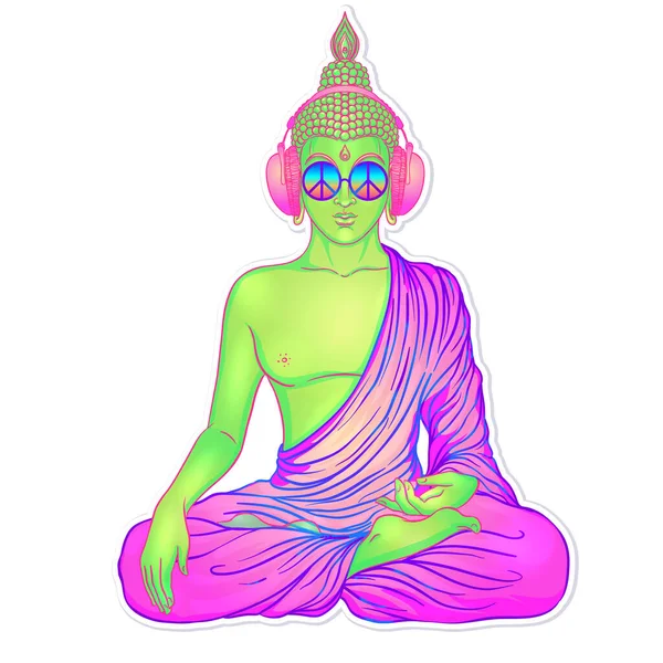 Мир и Любовь. Красочный Будда в радужных очках, слушающий музыку в наушниках. Векторная иллюстрация. Знак мира хиппи на солнечных очках. Психоделическая концепция. Буддизм, транс-музыка., — стоковый вектор