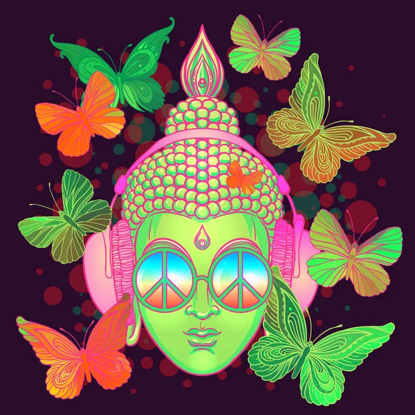 Vrede en Liefde. Kleurrijke Boeddha in regenboogbril luisterend naar de muziek in hoofdtelefoon. Vector illustratie. Hippie vredesbord op zonnebril. Psychedelisch concept. Boeddhisme, trance muziek., — Stockvector