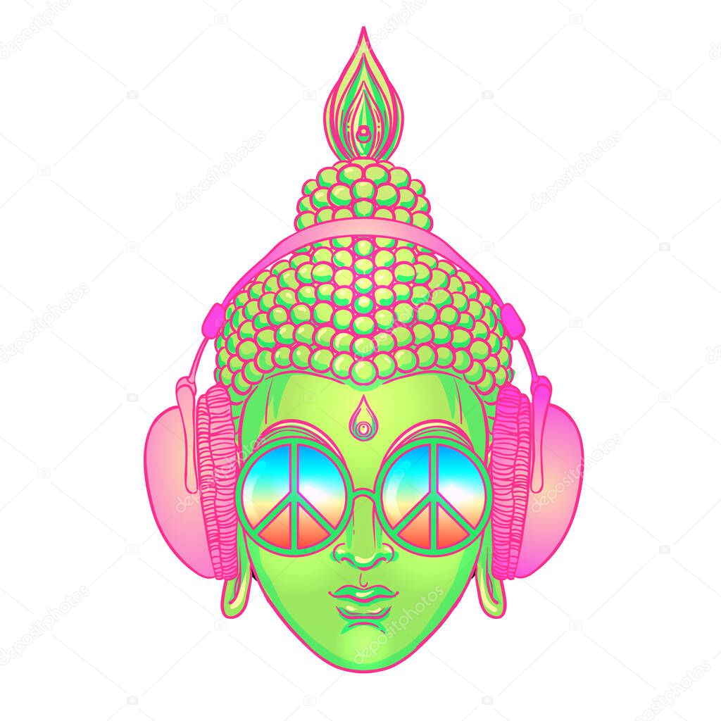 Peace and Love. Colorful Buddha in rainbow glasses listening to the music in headphones. Vector illustration. Hippie peace sign on sunglasses. Psychedelic concept. Buddhism, trance music.,