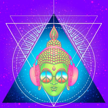 Barış ve sevgi. Gökkuşağı gözlüklü renkli Buda kulaklıkla müzik dinliyor. Vektör çizimi. Güneş gözlüklü hippi barış işareti. Psikedelik konsept. Budizm, trans müzik.,