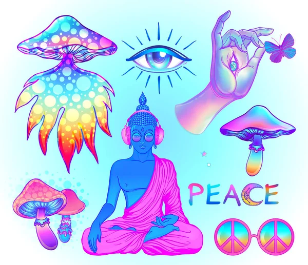 Psychedelic sticker set: trippy mushrooms, peace sign acid Buddha, butterflies, all-seeing eye mandala. Patch badges with stoned trippy drug elements. Pop art patches, pins. — Stock Vector