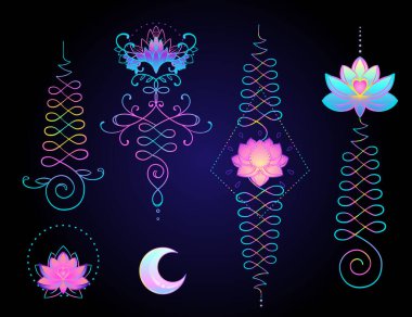 Lotus ve Kutsal Geometri. Bilgeliğin ve mükemmelliğe giden yolun unamole Hindu sembolü. Dövme seti, yoga logosu. Boho doğu baskısı, poster, tişört tekstili.
