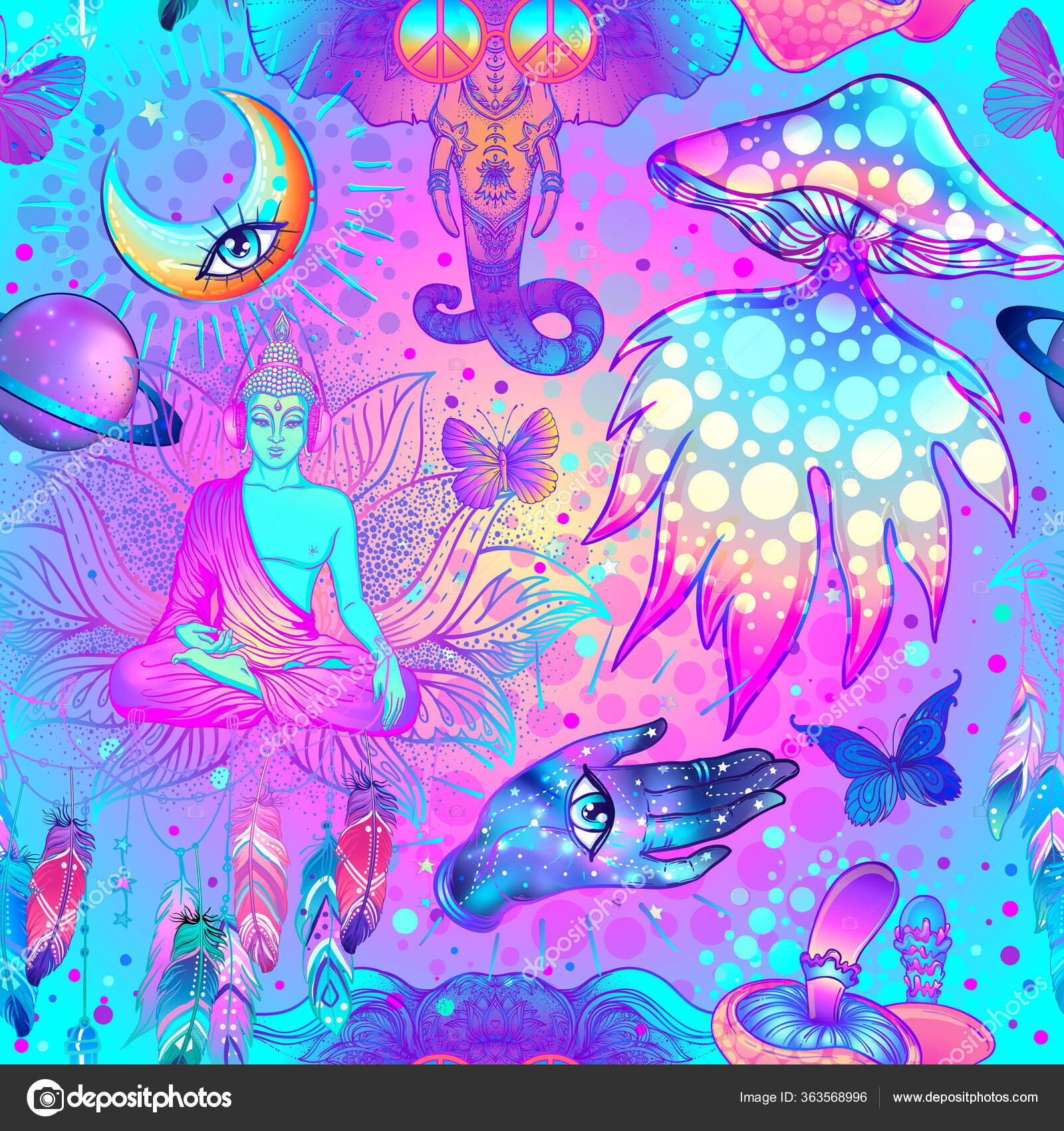 Psychedelic Seamless Pattern Trippy Mushrooms Peace Sign Acid Buddha Butterflies All Seeing Eye Mandala Background With Stoned Trippy Drug Elements Stock Photo By C Vgorbash 363568996
