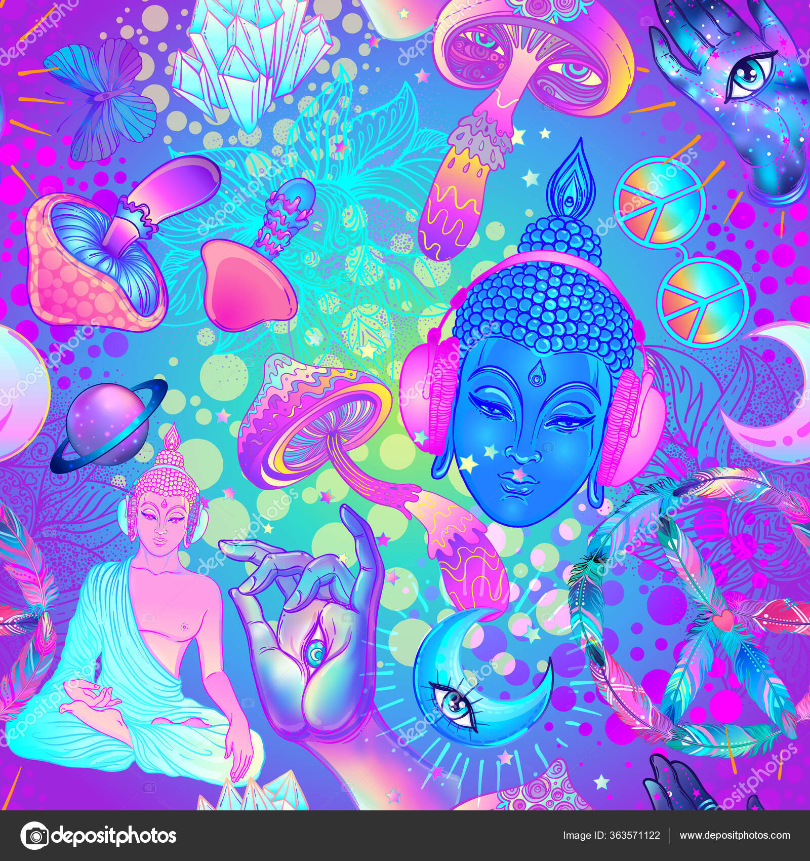 サイケデリックなシームレスなパターン:トリッピーキノコ、平和標識、酸仏、蝶、すべての目、マンダラを参照してください。石でできたトリッピー薬の背景—  ストックイラストレーション by © vgorbash #363571122, image size:1600x1700