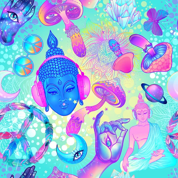 Psykedeliskt sömlöst mönster: trippiga svampar, fredstecken, syra Buddha, fjärilar, allseende öga, Mandala. Bakgrund med stenade trippy drog element — Stockfoto