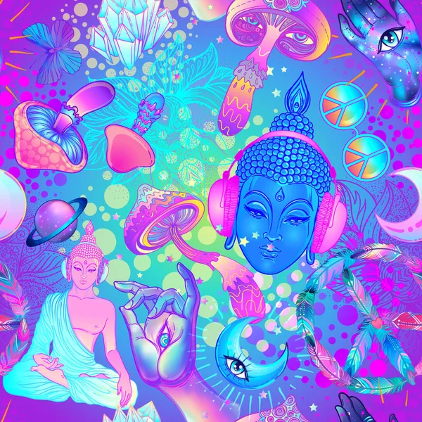 Психоделический бесшовный узор: триппи грибы, знак мира, кислотный Будда, бабочки, всевидящее око, фала. Предыстория с обдолбанными наркотиками — стоковое фото