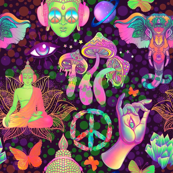 Psychedelisch naadloos patroon: trippy champignons, vredesteken, zuur Boeddha, vlinders, all-seeing eye, mandala. Achtergrond met stoned trippy drug elementen — Stockfoto