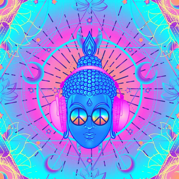 Modelul psihedelic fără sudură cu Buddha în căști peste geometria sacră. Ilustrație vectorială. Hippie semn de pace pe ochelari de soare. Conceptul psihedelic. Budism, muzică transă . — Vector de stoc