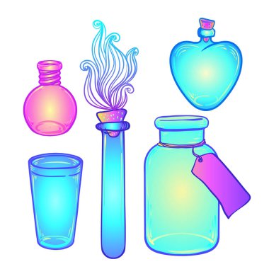 Cam şişeler. Vektör illüstrasyon seti. Mutfak nesneleri karalama stili çizimi, renk çizimi izole.