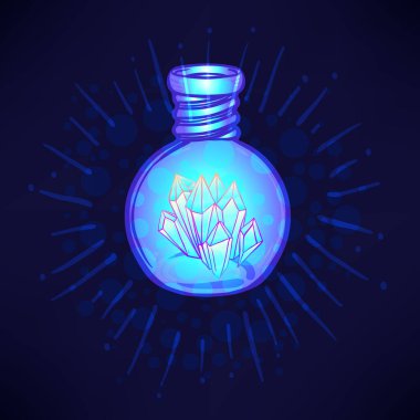 Sihirli iksir. İçinde kristaller ve parlayan yıldızlar olan mavi şişe seti. Tebrik kartı. Vektör illüstrasyonu beyaza izole edildi. Simya konsepti.