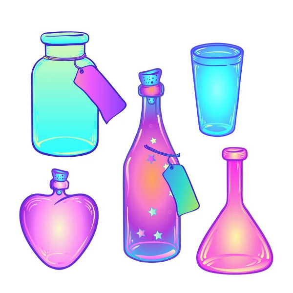 Botellas de vidrio. Conjunto de ilustración vectorial. Objetos de cocina estilo doodle boceto, Dibujo de color aislado . — Vector de stock