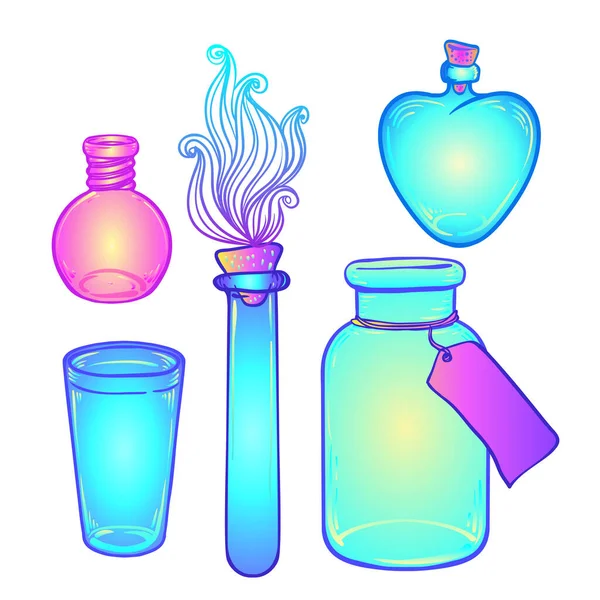 Bouteilles en verre. Jeu d'illustrations vectorielles. Objets de cuisine croquis de style doodle, dessin couleur isolé . — Image vectorielle