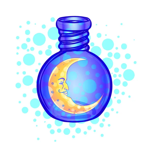 Zaubertrank. Flaschenglas mit Mondsichel und glühenden Sternen im Inneren. Grußkarte vorhanden. Vektor-Illustration isoliert auf weiß. Alchemie-Konzept. — Stockvektor