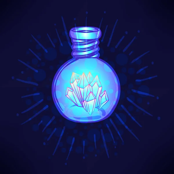 Poción mágica. frasco de botella azul conjunto con cristales y estrellas brillantes en el interior. Tarjeta de felicitación. Ilustración vectorial aislada en blanco. Concepto de alquimia . — Vector de stock