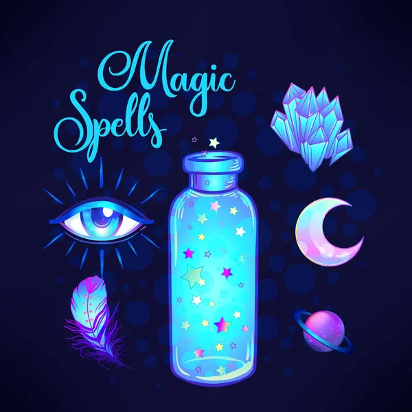 Magic potion, blue bottle jar set with pink moon, crystals, heart, all seeing eye and glowing stars inside. Greeting Card. Vector illustration isolated on white. — Stock Vector