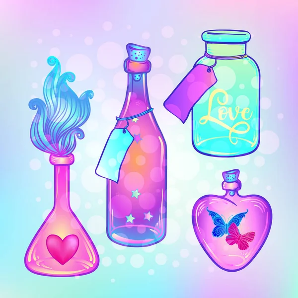 Magisk dryck, blå flaska burk set med rosa måne, kristaller, hjärta, alla ser ögat och glödande stjärnor inuti. Gratulationskort. Vektor illustration isolerad på vitt. — Stock vektor