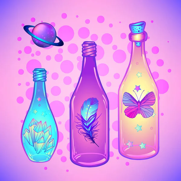 Poción mágica, frasco de botella azul con luna rosa, cristales, corazón, todo ojo y estrellas brillantes en el interior. Tarjeta de felicitación. Ilustración vectorial aislada en blanco . — Vector de stock