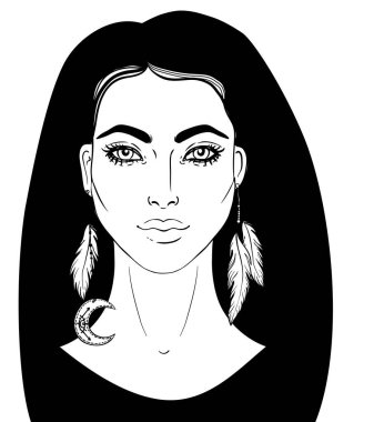 Amerikan yerlilerinin tüyleri ve düş kapanı olan beyaz resimleriyle izole edilmiş. Kabile Füzyonu Boho Diva. Boyama kitabı.