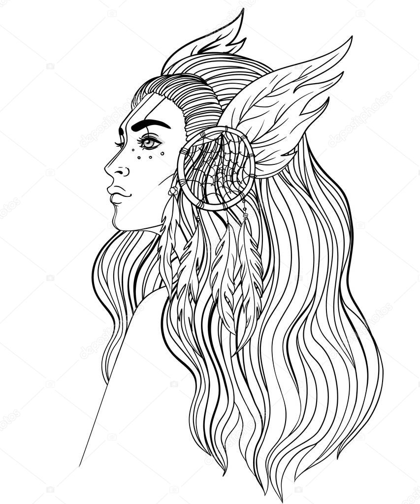 Isolated on white illustration of Native American Indian girl with feathers and dream catcher.