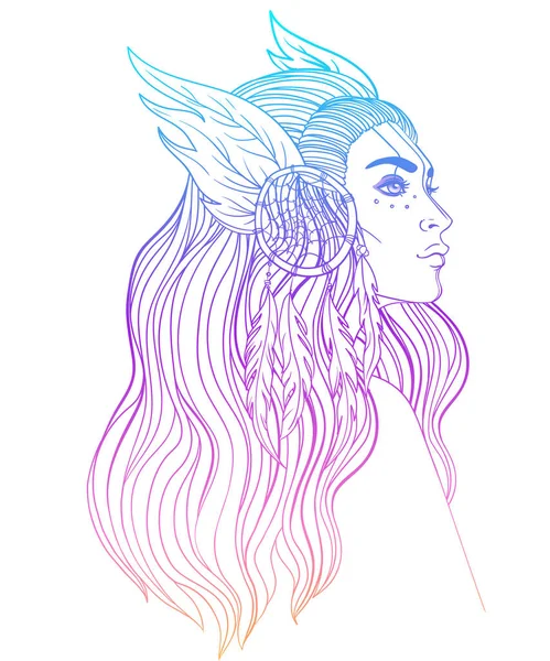 Isolé sur l'illustration blanche de la jeune Indienne d'Amérique avec des plumes et attrape-rêves. — Image vectorielle