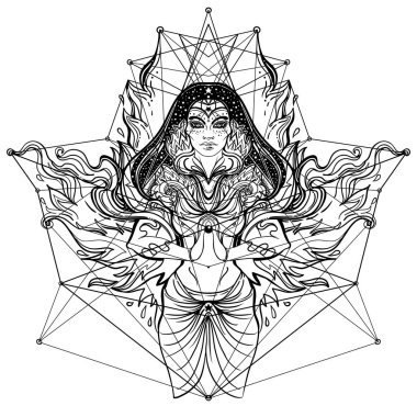 Kutsal geometrisi ve ateşi olan Asyalı büyücü kadın. Vektör İllüstrasyonu. Gizemli Taylandlı kız mistik sembollerin ve alevlerin üzerinde. Simya, din, maneviyat, okültizm, Asya kültürü.