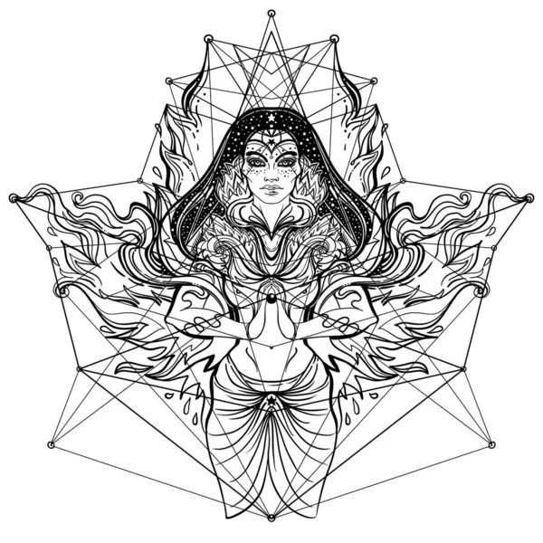 Aziatische magische vrouw met heilige geometrie en vuur. Vector Illustratie. Mysterieus Thais meisje boven mystieke symbolen en vlammen. Alchemie, religie, spiritualiteit, occultisme, Aziatische cultuur. — Stockvector