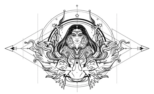 Mujer mágica asiática con geometría sagrada y fuego. Ilustración vectorial. Chica tailandesa misteriosa sobre símbolos místicos y llamas. Alquimia, religión, espiritualidad, ocultismo, cultura asiática. — Vector de stock