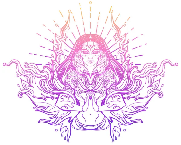 Asiatisk magisk kvinna med helig geometri och eld. Vektorillustration. Mystisk thai flicka över mystiska symboler och lågor. Alkemi, religion, andlighet, ockultism, asiatisk kultur. — Stock vektor