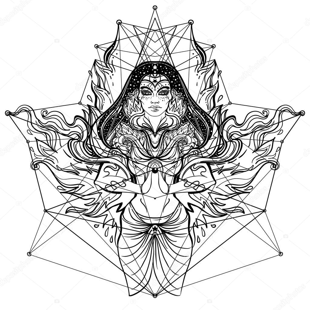 Asian magic woman with sacred geometry and fire. Vector Illustration. Mysterious thai girl over mystic symbols and flames. Alchemy, religion, spirituality, occultism, Asian culture.