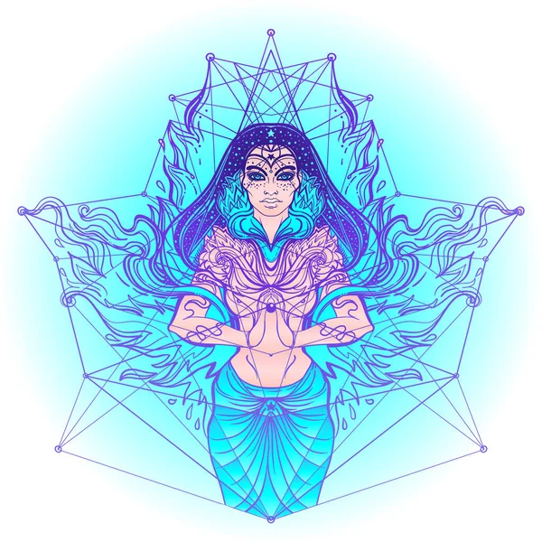 Mujer mágica asiática con geometría sagrada y fuego. Ilustración vectorial. Chica tailandesa misteriosa sobre símbolos místicos y llamas. Alquimia, religión, espiritualidad, ocultismo, cultura asiática. — Vector de stock