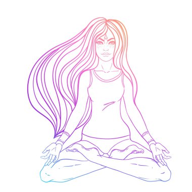 Çakra konsepti. Renkli mandala 'nın üzerinde lotus pozisyonunda oturan kız. Beyaz üzerine izole edilmiş vektör dekoratif çizim. Budizm esrarengiz motifleri.