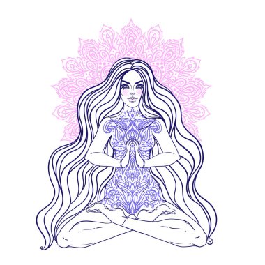 Çakra konsepti. Renkli mandala 'nın üzerinde lotus pozisyonunda oturan kız. Beyaz üzerine izole edilmiş vektör dekoratif çizim. Budizm esrarengiz motifleri.