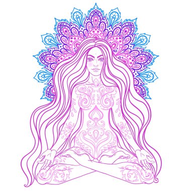 Çakra konsepti. Renkli mandala 'nın üzerinde lotus pozisyonunda oturan kız. Beyaz üzerine izole edilmiş vektör dekoratif çizim. Budizm esrarengiz motifleri.