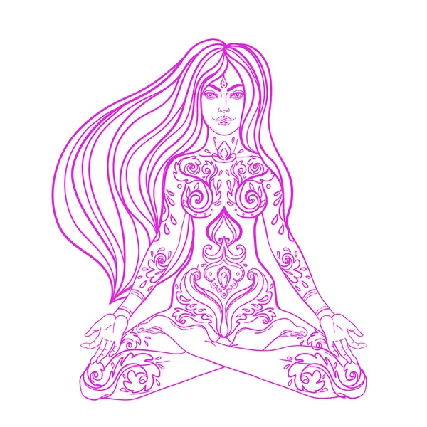 Conceito de Chakra. Menina sentada na posição de lótus sobre mandala ornamentado colorido. Vetor ornamentado ilustração decorativa isolado em branco. Budismo motivos esotéricos . — Vetor de Stock