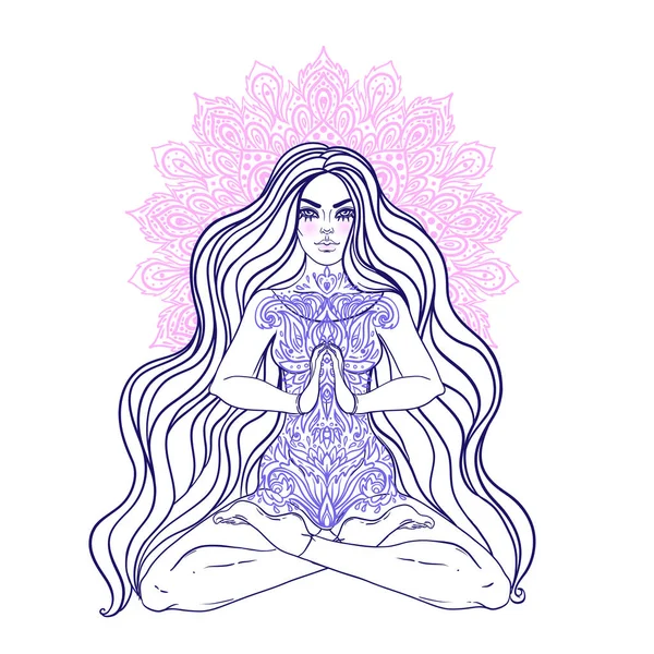 Concept de chakra. Fille assise en position lotus sur mandala orné coloré. Illustration décorative vectorielle ornée isolée sur blanc. Bouddhisme motifs ésotériques . — Image vectorielle