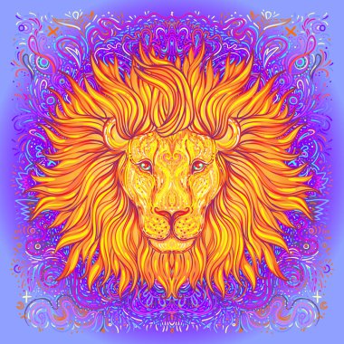 Süslü aslan başı. Afrikalı, Hintli, totem, dövme, çıkartma tasarımı. Tişört tasarımı, çanta, kartpostal ve posterler. Parlak neon renklerle izole edilmiş vektör illüstrasyonu.