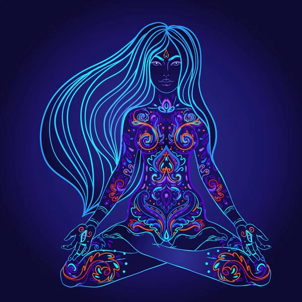 Frumoasă fată care stă în poziție de lotus peste fundal neon colorat ornamentat. Ilustrație vectorială. Compoziția ciupercilor psihedelice. Motive ezoterice budiste . — Vector de stoc