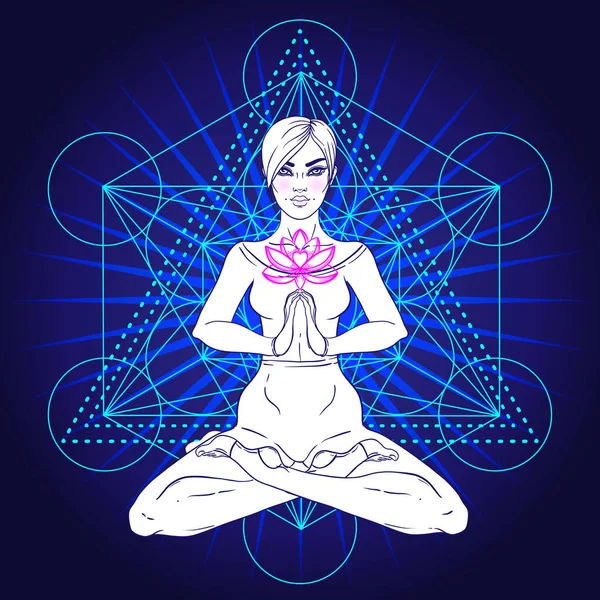 Beautiful Girl sitting in lotus position over ornate colorful neon background. Vector illustration. Psychedelic mushroom composition. Buddhism esoteric motifs. — Stock Vector