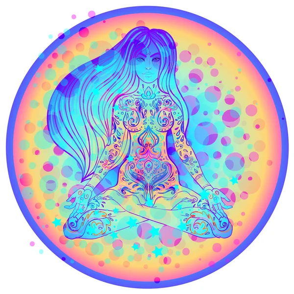 Bella ragazza seduta in posizione di loto su sfondo neon colorato ornato. Illustrazione vettoriale. Composizione psichedelica dei funghi. Motivi esoterici buddhisti. — Vettoriale Stock